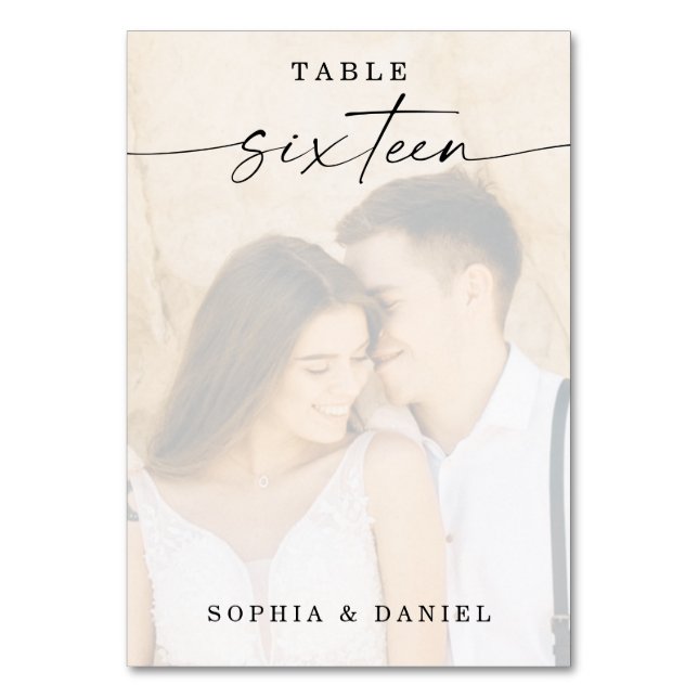 Elegantes Script Foto Hochzeit Tischnummer Sechzeh (Vorderseite)