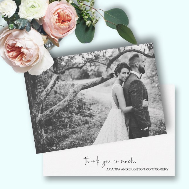 Elegantes Script-Foto Hochzeitsflat Mitteilungskarte (Wedding flat thank you notes with your photo on front and your message and names on the back)
