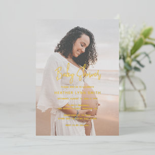 Elegantes Script-Foto Moderne Babydusche Folieneinladung