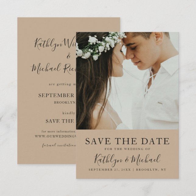 Elegantes Script-Foto Moderne Minimalistische Hoch Save The Date (Vorne/Hinten)