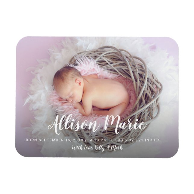 Elegantes Script Foto Overlay New Baby Modern Magnet (Horizontal)
