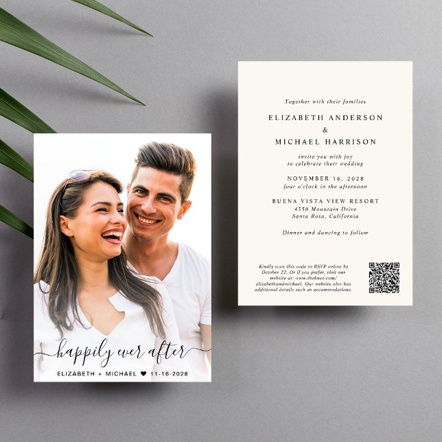 Elegantes Script Foto QR Code Cream Wedding Einladung (Elegant all-in-one wedding invite featuring your photo + a QR code linked to your wedding website)