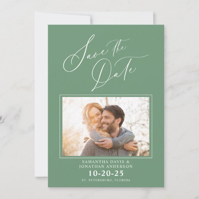 Elegantes Script Foto Sage Green Save the Date (Vorderseite)