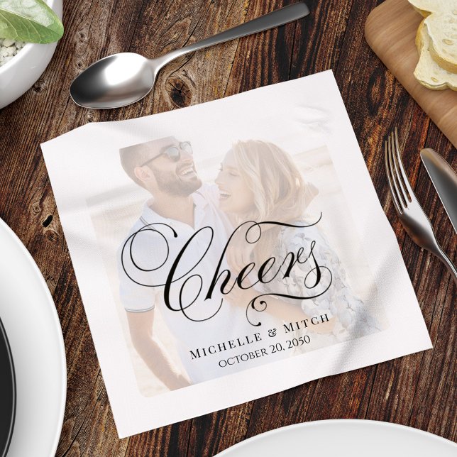 Elegantes Script Foto Wedding Cheers Custom Serviette (Black and white minimalist photo "cheers" napkin. with photo overlay)