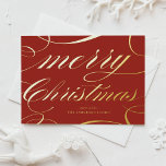 Elegantes Script Geblüht Red Merry Christmas<br><div class="desc">Frohe Weihnachten! Senden Sie Ihre Urlaubssgrüße an Familie und Freunde mit dieser anpassbaren Weihnachtskarte. Es verfügt über ein elegantes Skript mit geblüht Akzenten auf einem roten Hintergrund. Personalisieren Sie diese, indem Sie Ihre Daten hinzufügen. Diese Weihnachtskarte aus Gold ist in anderen Farben und in einem Karton erhältlich, perfekt als Geschäfts-...</div>