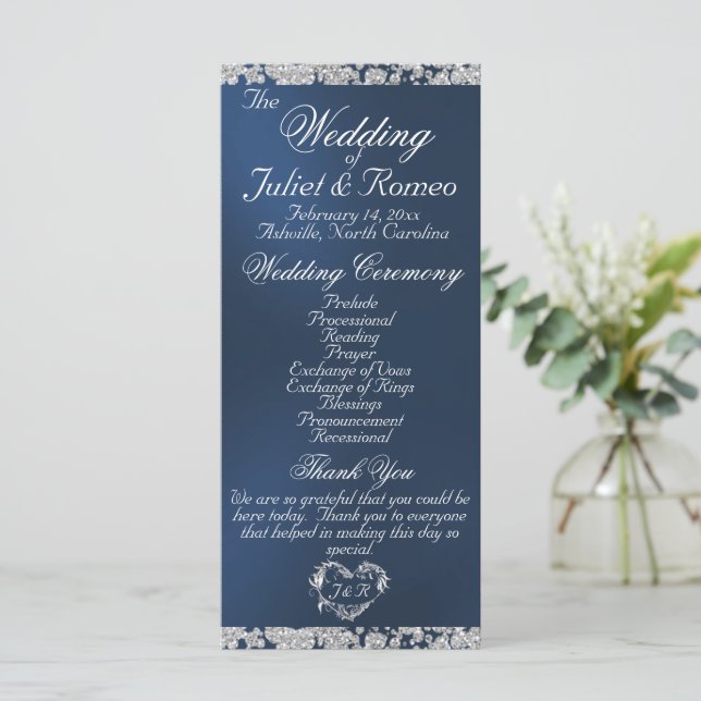 Elegantes Script & Glitzer - Blue Wedding Programm (Stehend Vorderseite)