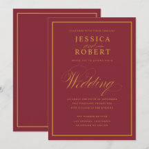 Elegantes Script Gold Border Merlot Burgundy Weddi