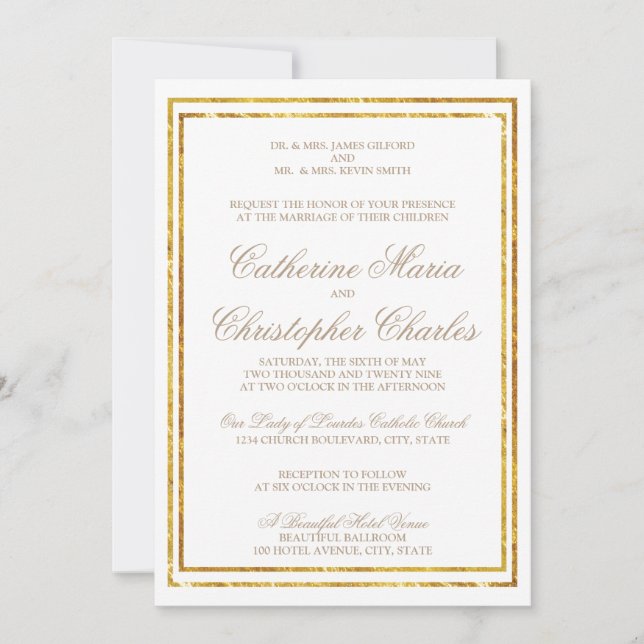 Elegantes Script Gold Border Wedding Einladung (Vorderseite)