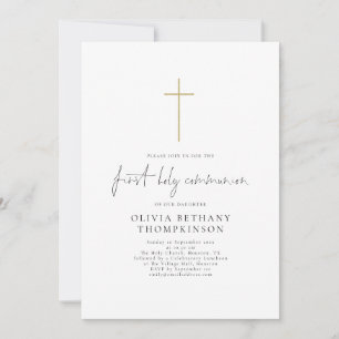 Elegantes Script Gold Cross Erste Heilige Kommunio Einladung