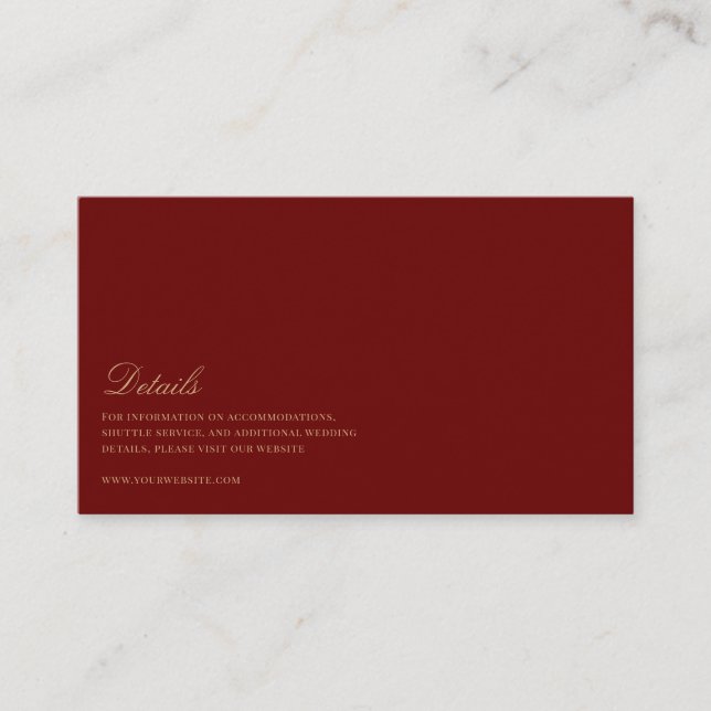 Elegantes Script, Gold & Deep Red Wedding Details Begleitkarte (Vorderseite)