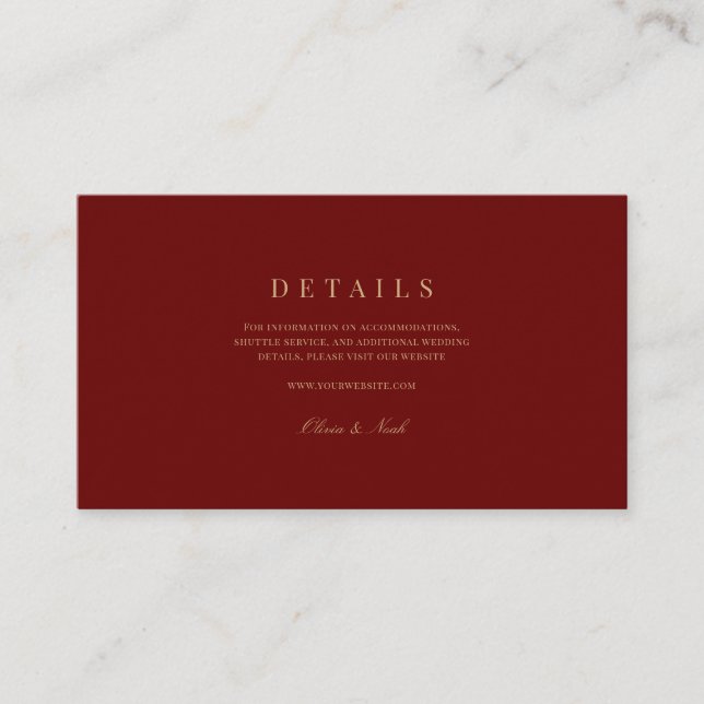 Elegantes Script, Gold & Deep Red Wedding Details Begleitkarte (Vorderseite)