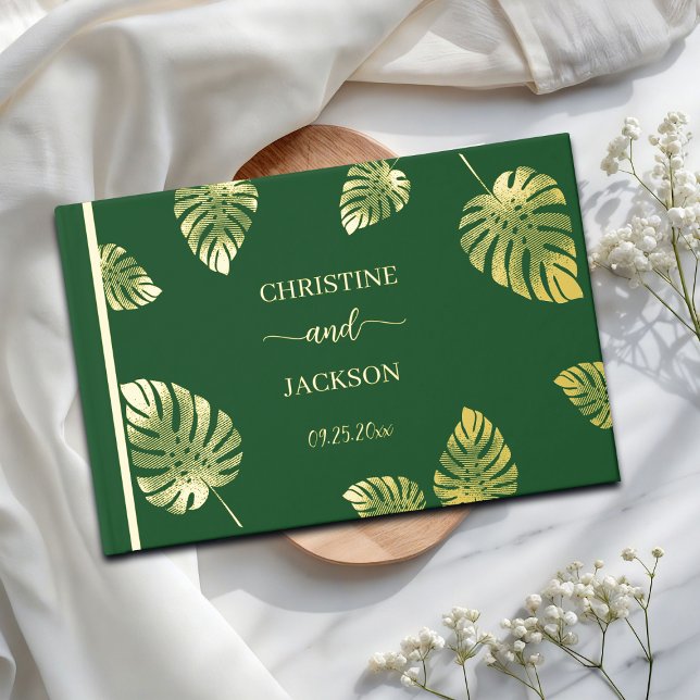 Elegantes Script Gold Exotic Blätter Hochzeit Gästebuch (Von Creator hochgeladen)