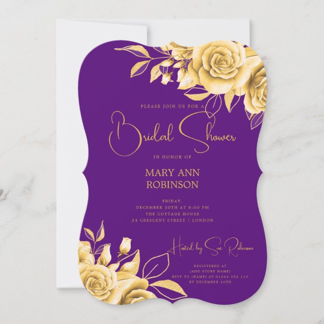 Elegantes Script Gold Floral Brautparty Lila Einladung (Vorderseite)