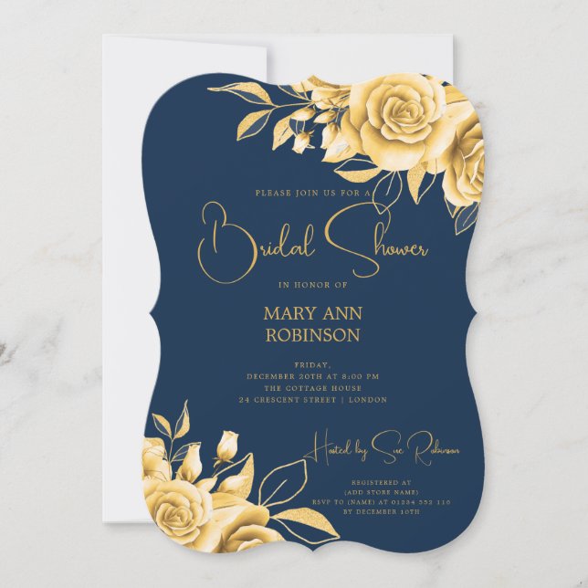Elegantes Script Gold Floral Brautparty Navy Blue Einladung (Vorderseite)