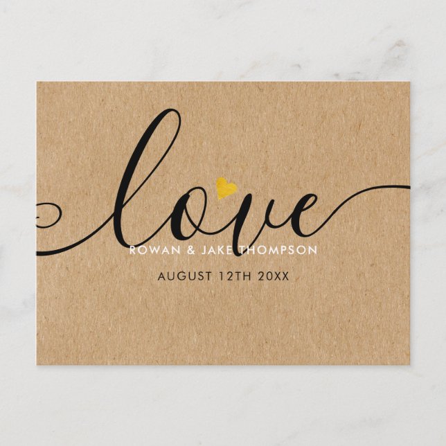 Elegantes Script Gold Herz Danke Rustic Kraft Postkarte (Vorderseite)
