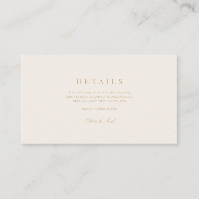Elegantes Script, Gold und Elfenbeinheirat Details Begleitkarte (Vorderseite)