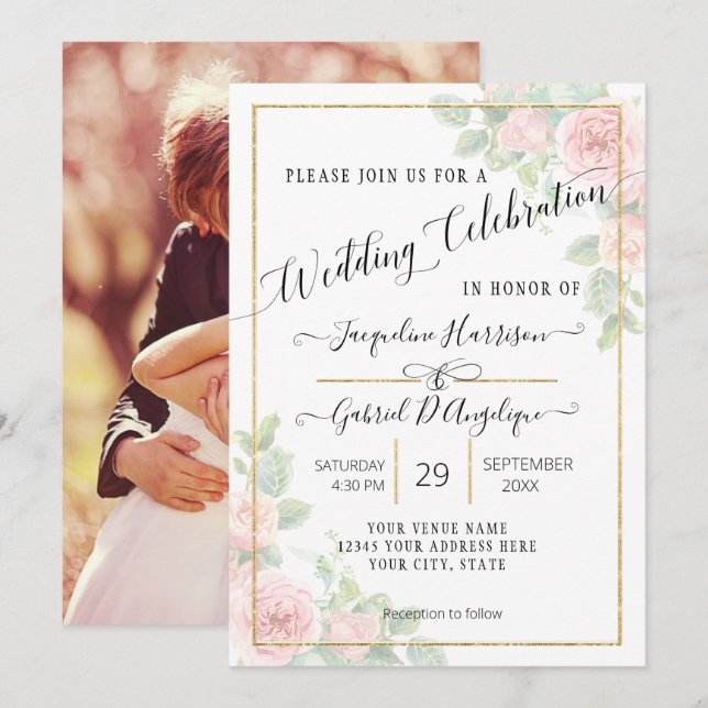 Elegantes Script Gold Watercolor Rosa Blumenzehen Einladung (Vorne/Hinten)