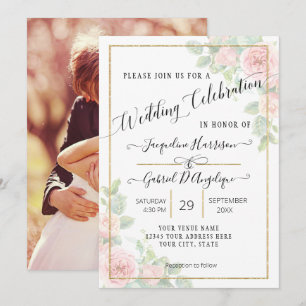 Elegantes Script Gold Watercolor Rosa Blumenzehen Einladung