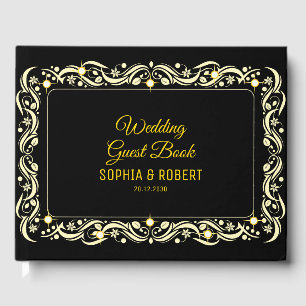 Elegantes Script Golden Luxury Floral Black Weddin Gästebuch