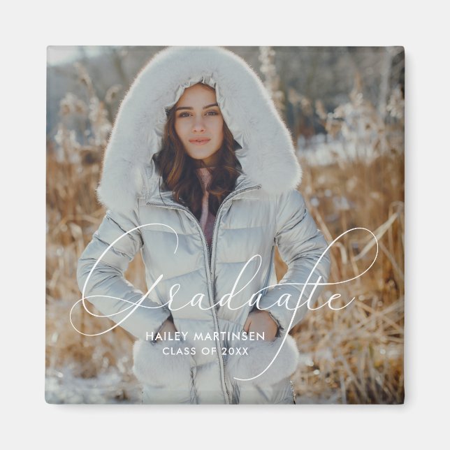 Elegantes Script Graduate Foto und Name Magnet (Vorne)