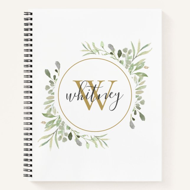Elegantes Script Greenery Chic Gold Monogram Notizbuch (Vorderseite)