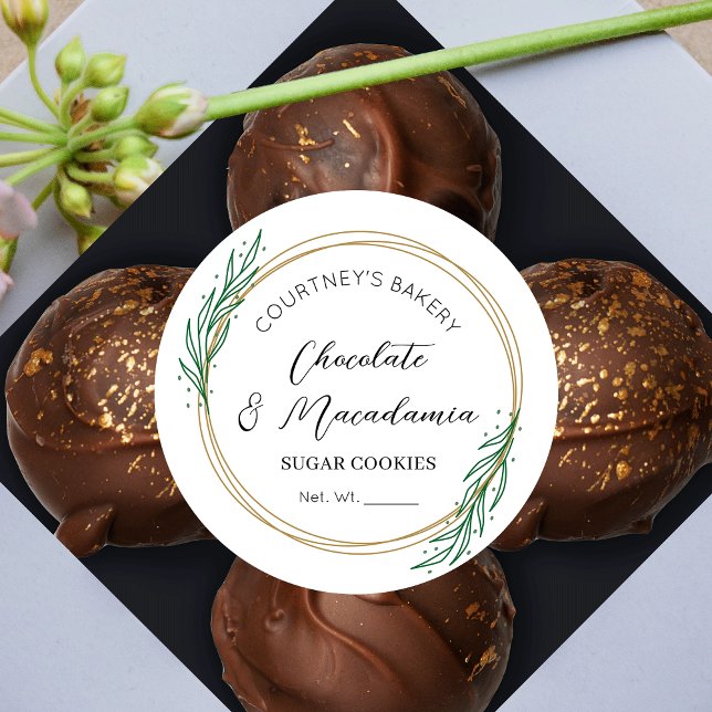 Elegantes Script Greenery Wreath Sugar Cookies Foo Runder Aufkleber (Bakery Labels Featuring Faux Gold Wreath with Greenery, stylish fonts and white background)
