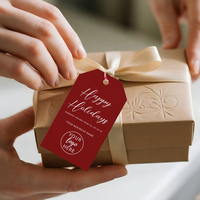 Elegantes Script Happy Holidays Business Logo Geschenkanhänger (Elegant Script Happy Holidays Business Logo Gift Tags)