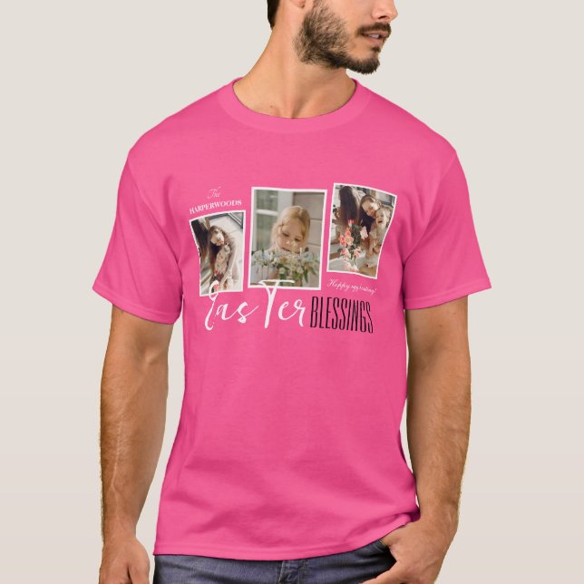 Elegantes Script Happy Osterfamilie Drei Foto T-Shirt (Vorderseite)