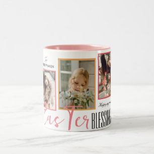 Elegantes Script Happy Osterfamilie Drei Foto Zweifarbige Tasse
