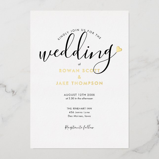 Elegantes Script Heart Foto Hochzeit Folieneinladung (Vorderseite)