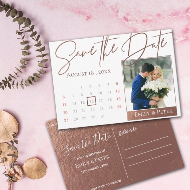 Elegantes Script Imitats Rose Gold Wedding Foto Save The Date (Von Creator hochgeladen)