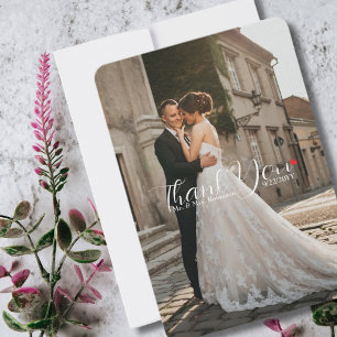 Elegantes Script Liebe Heart Wedding Foto Dankeskarte