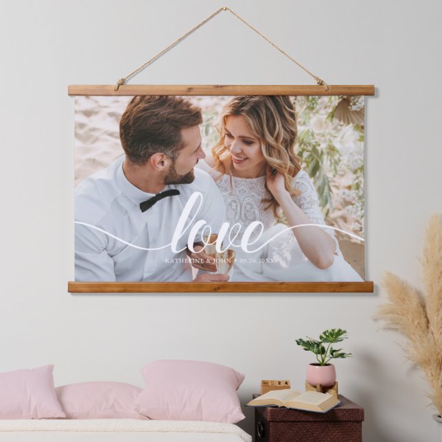 Elegantes Script "Liebe" Overlay-Foto Wandteppich Mit Holzrahmen (Schlafzimmer)
