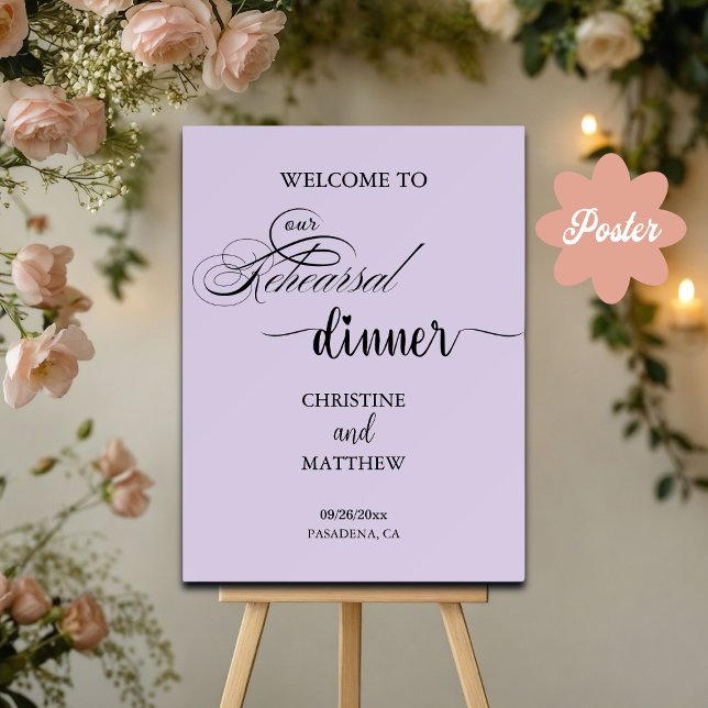 Elegantes Script Lila Probe Dinner Willkommen Poster (Von Creator hochgeladen)