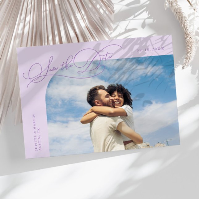 Elegantes Script lila Rahmenfoto Save The Date (Von Creator hochgeladen)
