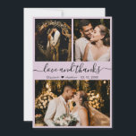 Elegantes Script Lilac 3 Foto Collage Wedding Dankeskarte<br><div class="desc">Elegant, Lilac, Moderne "Liebe und Dank" Script Wedding 3 Foto Collage Danke Karte. Stilvolle Hochzeit danke Ihnen Karte Vorlage mit (3) drei Foto auf der Vorderseite und (1) ein Foto auf der Rückseite. Mit dem Text "Liebe und Dank"-Skript in einer kursiven Wirblen Hand gezeichnet Typografie Swash-Schwanz-Schriftart in schwarz auf hellpastellfarben...</div>