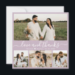 Elegantes Script Lilac 4 Foto Collage Wedding Dankeskarte<br><div class="desc">Elegant Lilac "Liebe und danke" Script 4 Foto Collage Wedding Dankeschön Karte. Stilvoll, modern, minimalistisch Hochzeitskarte danke Ihnen die Vorlage mit vier (4) Foto auf der Vorderseite und ein (1) Foto auf der Rückseite. Mit dem Text "Liebe und Dank" in einer Wirblen Hand Schriftzeichen Swash-Schwanz Schriftart in Weiß auf hellpastellfarbenen...</div>