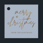 Elegantes Script Merry Christmas Gold Star Blue Geschenkanhänger<br><div class="desc">Diese stilvollen Weihnachtsgeschenke-Tags sind mit elegantem Typografie-Lesen,  "Frohe Weihnachten" in den Imitaten goldenen Folie,  zusammen mit einem kleinen Star-Akzent. Die Hintergrundfarbe kann auf jede gewünschte Farbe angepasst werden! Die Rückseite enthält Imitate mit goldenen Streifen aus der Folie. Ideal für den Einsatz als Geschenketiketten oder Gastgeschenk Tags!</div>