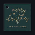Elegantes Script Merry Christmas Gold Star Dark Aq Geschenkanhänger<br><div class="desc">Diese stilvollen Weihnachtsgeschenke-Tags sind mit elegantem Typografie-Lesen,  "Frohe Weihnachten" in den Imitaten goldenen Folie,  zusammen mit einem kleinen Star-Akzent. Die Hintergrundfarbe kann auf jede gewünschte Farbe angepasst werden! Die Rückseite enthält Imitate mit goldenen Streifen aus der Folie. Ideal für den Einsatz als Geschenketiketten oder Gastgeschenk Tags!</div>