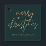 Elegantes Script Merry Christmas Gold Star Dark Aq Geschenkanhänger<br><div class="desc">Diese stilvollen Weihnachtsgeschenke-Tags sind mit elegantem Typografie-Lesen,  "Frohe Weihnachten" in den Imitaten goldenen Folie,  zusammen mit einem kleinen Star-Akzent. Die Hintergrundfarbe kann auf jede gewünschte Farbe angepasst werden! Die Rückseite enthält Imitate mit goldenen Streifen aus der Folie. Ideal für den Einsatz als Geschenketiketten oder Gastgeschenk Tags!</div>