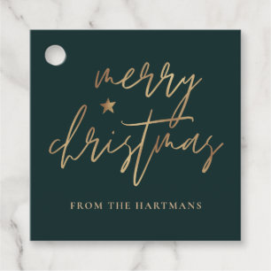 Elegantes Script Merry Christmas Gold Star Dark Aq Geschenkanhänger