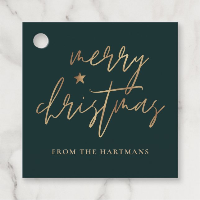Elegantes Script Merry Christmas Gold Star Dark Aq Geschenkanhänger (Vorderseite)