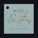 Elegantes Script Merry Christmas Gold Star Lite Aq Geschenkanhänger<br><div class="desc">Diese stilvollen Weihnachtsgeschenke-Tags sind mit elegantem Typografie-Lesen,  "Frohe Weihnachten" in den Imitaten goldenen Folie,  zusammen mit einem kleinen Star-Akzent. Die Hintergrundfarbe kann auf jede gewünschte Farbe angepasst werden! Die Rückseite enthält Imitate mit goldenen Streifen aus der Folie. Ideal für den Einsatz als Geschenketiketten oder Gastgeschenk Tags!</div>