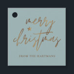 Elegantes Script Merry Christmas Gold Star Lite Aq Geschenkanhänger<br><div class="desc">Diese stilvollen Weihnachtsgeschenke-Tags sind mit elegantem Typografie-Lesen,  "Frohe Weihnachten" in den Imitaten goldenen Folie,  zusammen mit einem kleinen Star-Akzent. Die Hintergrundfarbe kann auf jede gewünschte Farbe angepasst werden! Die Rückseite enthält Imitate mit goldenen Streifen aus der Folie. Ideal für den Einsatz als Geschenketiketten oder Gastgeschenk Tags!</div>