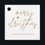 Elegantes Script Merry Christmas Gold Star White Geschenkanhänger<br><div class="desc">Diese stilvollen Weihnachtsgeschenke-Tags sind mit elegantem Typografie-Lesen,  "Frohe Weihnachten" in den Imitaten goldenen Folie,  zusammen mit einem kleinen Star-Akzent. Die Hintergrundfarbe kann auf jede gewünschte Farbe angepasst werden! Die Rückseite enthält Imitate mit goldenen Streifen aus der Folie. Ideal für den Einsatz als Geschenketiketten oder Gastgeschenk Tags!</div>