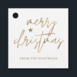 Elegantes Script Merry Christmas Gold Star White Geschenkanhänger<br><div class="desc">Diese stilvollen Weihnachtsgeschenke-Tags sind mit elegantem Typografie-Lesen,  "Frohe Weihnachten" in den Imitaten goldenen Folie,  zusammen mit einem kleinen Star-Akzent. Die Hintergrundfarbe kann auf jede gewünschte Farbe angepasst werden! Die Rückseite enthält Imitate mit goldenen Streifen aus der Folie. Ideal für den Einsatz als Geschenketiketten oder Gastgeschenk Tags!</div>