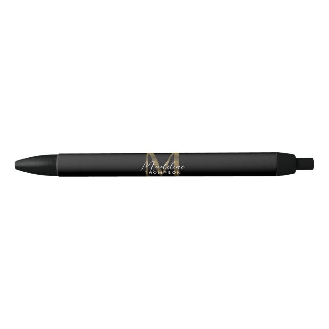 Elegantes Script Metallic Black Gold Monogramm Kugelschreiber (Vorderseite)