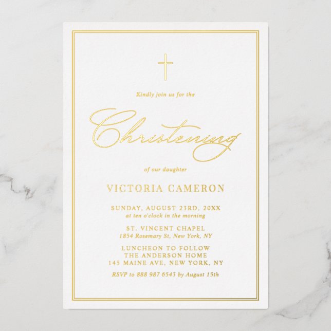 Elegantes Script Minimalistisch Foto Christening Folieneinladung (Vorderseite)