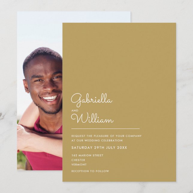 Elegantes Script Minimalistisch Gold Foto Hochzeit Einladung (Vorne/Hinten)