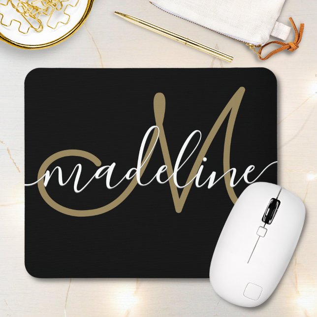 Elegantes Script Mit Monogramm Black Gold Mousepad (Von Creator hochgeladen)